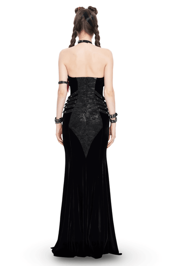 Velvet Gothic Maxi Dress with Chains and Halter Neck